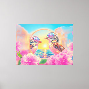 Coole Vögel mit Sonnenbrille bei Sonnenuntergang Leinwanddruck