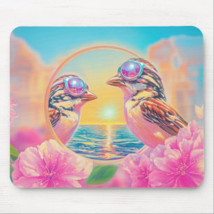 Coole Vögel mit Sonnenbrille bei Sonnenuntergang Mousepad