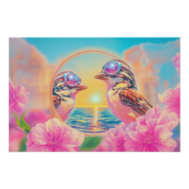 Coole Vögel mit Sonnenbrille bei Sonnenuntergang Poster