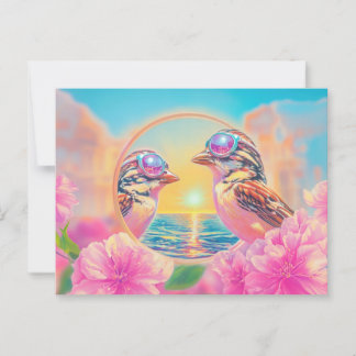 Coole Vögel mit Sonnenbrille bei Sonnenuntergang Postkarte