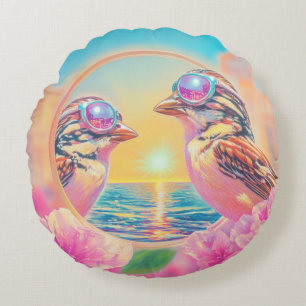 Coole Vögel mit Sonnenbrille bei Sonnenuntergang Rundes Kissen