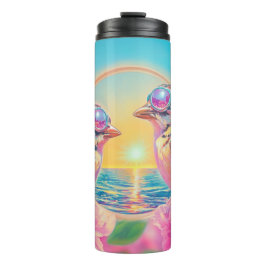 Coole Vögel mit Sonnenbrille bei Sonnenuntergang Thermosbecher