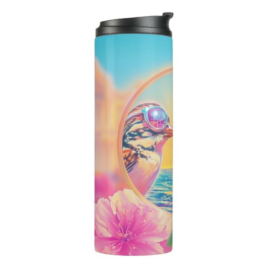 Coole Vögel mit Sonnenbrille bei Sonnenuntergang Thermosbecher (Nach links gedreht)