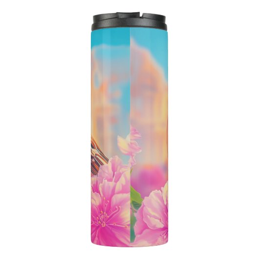 Coole Vögel mit Sonnenbrille bei Sonnenuntergang Thermosbecher (Rückseite)