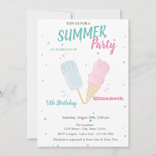 Coole Wasserfarbe Eiscreme Sommergeburt Einladung (Vorderseite)