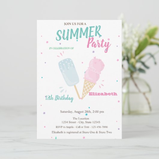Coole Wasserfarbe Eiscreme Sommergeburt Einladung (Stehend Vorderseite)