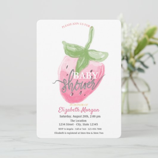 Coole Wasserfarbe Erdbeere Babydusche Einladung (Stehend Vorderseite)