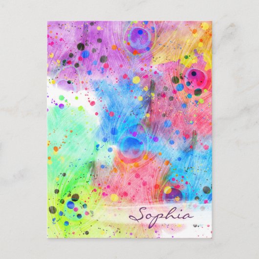 Coole Wasserfarben Pfauenfedern abstraktes Muster Postkarte (Vorderseite)