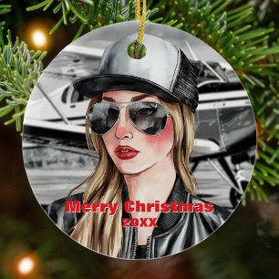 Coole weibliche Pilotin und Cessna-Flugzeug in Aqu Keramik Ornament