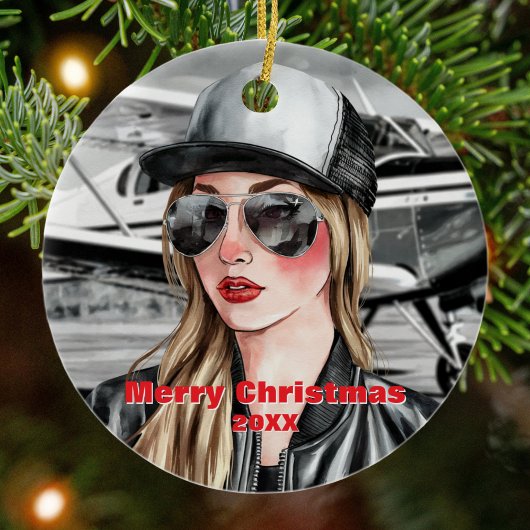 Coole weibliche Pilotin und Cessna-Flugzeug in Aqu Keramik Ornament