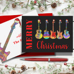 Coole Weihnachtsgitarre Santas Feiertagskarte<br><div class="desc">Lass’s rock and roll dieses Weihnachtsfest mit diesen lustigen,  bunten Jazz,  Gitarren mit Weihnachtsmannmützen. Acoustic Gitarren,  E-Gitarren und semiakustische Gitarren psychedelische farbenfrohe Designs,  um Ihren Gitarrist Musiker Freunde und aufstrebenden Rockstars Feiertag zu bringen. Dieses lustige Musikinstrument fröhliche Weihnachtskarte kann mit den Vorlagen leicht personalisiert werden. Original-Kunstwerk von Catherine Sweetman</div>