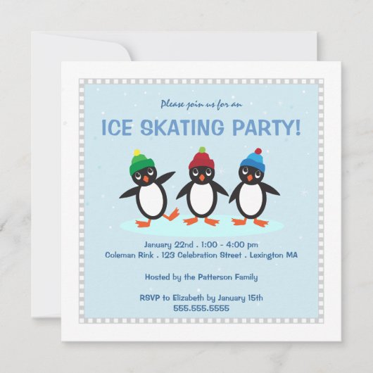 Coole Winter-Pinguin-Eis-Skaten Party Einladung (Vorderseite)