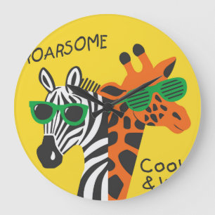 Coole Zebra Giraffe Cartoon Illustration Große Wanduhr