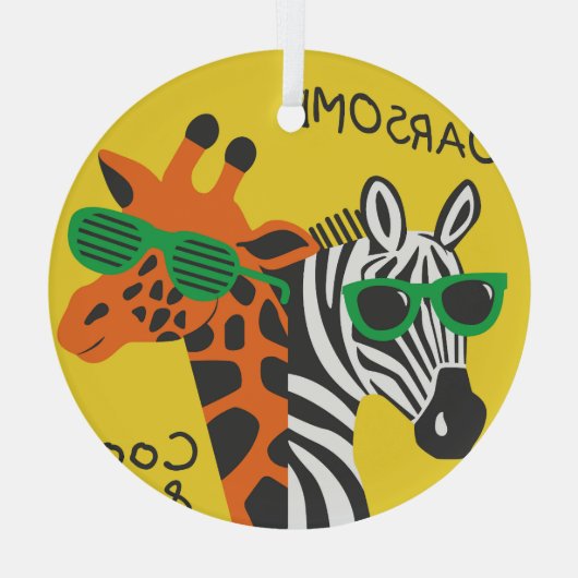 Coole Zebra Giraffe Cartoon Illustration Ornament Aus Glas (Rückseite)
