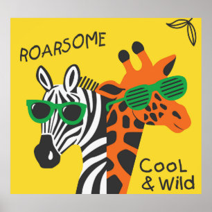 Coole Zebra Giraffe Cartoon Illustration Poster