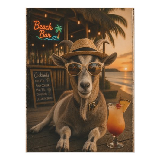 Coole Ziegenstrand mit Cocktail Poster (Vorderseite)