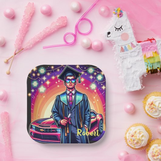 Cooler Abschluss Typ mit nettem Fahrzeug Pappteller (Party)