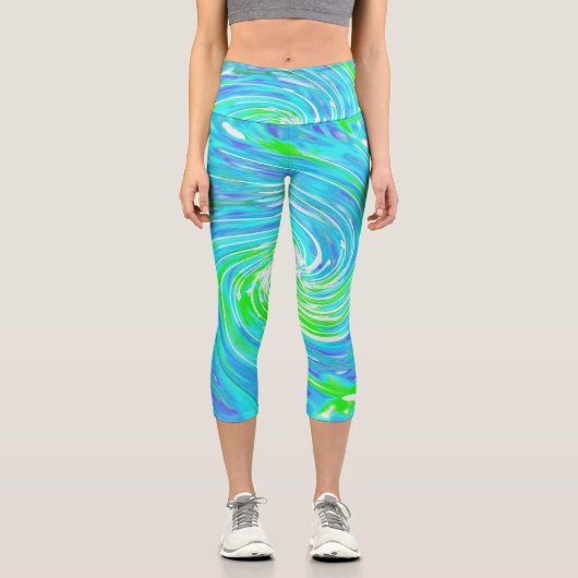 Cooler Abstrakter Retro-Aqua und Kalkgrüner Swirl Capri Leggings (Vorderseite)