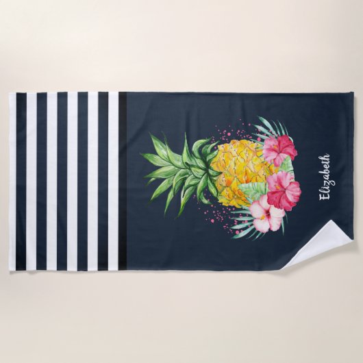 Cooler Ananas-Hibiskus Navy Blue Striped Strandtuch (Vorderseite)