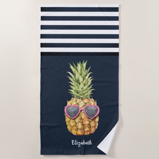 Cooler Ananas Nautical Navy Blau Streifen Strandtuch (Vorderseite)