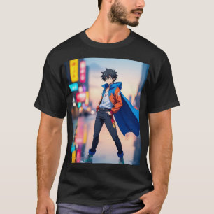 Cooler Anime-Junge in der Neonstadt – Stylischer A T-Shirt