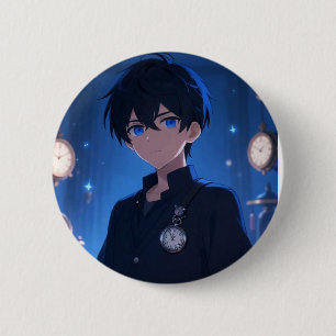 Cooler Anime-Junge mit blauen Augen und Uhren-Ästh Button