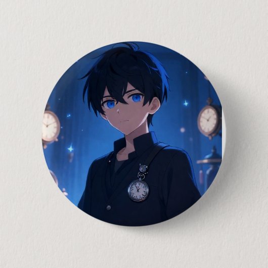 Cooler Anime-Junge mit blauen Augen und Uhren-Ästh Button (Vorderseite)