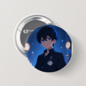 Cooler Anime-Junge mit blauen Augen und Uhren-Ästh Button (Vorne & Hinten)