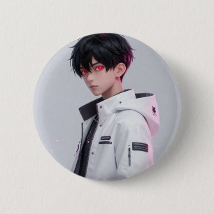 Cooler Anime-Junge mit roten Augen Techwear-Abzeic Button