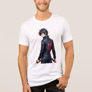 Cooler Anime-Junge mit Schwert und schwarzer Jacke Tri-Blend Shirt