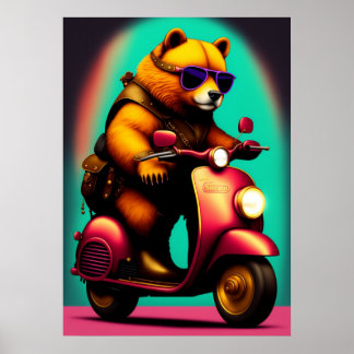 Cooler Bär mit einem rosa Scooter Poster
