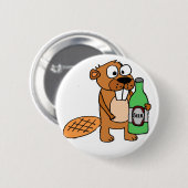 Cooler Biber-trinkender Bier-Cartoon Button (Vorne & Hinten)