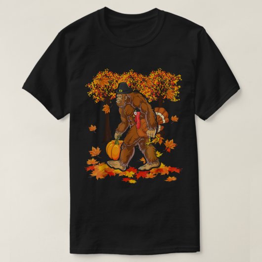Cooler Bigfoot Holding Pumpkin und Türkei Thanksgi T-Shirt (Design vorne)