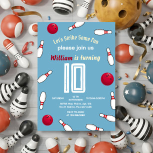 Cooler blauer Bowling 10. Geburtstag Einladung