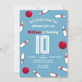 Cooler blauer Bowling 10. Geburtstag Einladung (Vorderseite)