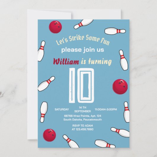 Cooler blauer Bowling 10. Geburtstag Einladung (Vorderseite)