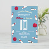 Cooler blauer Bowling 10. Geburtstag Einladung (Stehend Vorderseite)