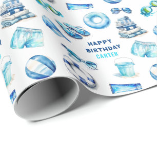 Cooler blauer Sommer Jungen Geburtstag Geschenkpapier
