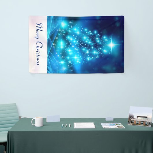 Cooler Blauer Weihnachtsbaum mit glänzenden Lichte Banner (Messeveranstaltung)