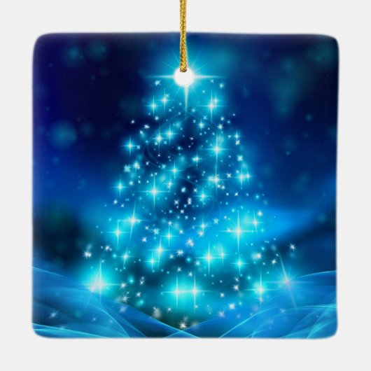 Cooler Blauer Weihnachtsbaum mit glänzenden Lichte Keramikornament (Rückseite)