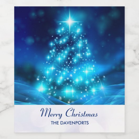 Cooler Blauer Weihnachtsbaum mit glänzenden Lichte Weinetikett (Einzelnes Label)