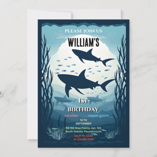 cooler Blauwal-Hai 1. Geburtstag Einladung (Vorderseite)