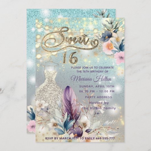 Cooler boho blumenreicher Glitzer Einladung (Vorne/Hinten)