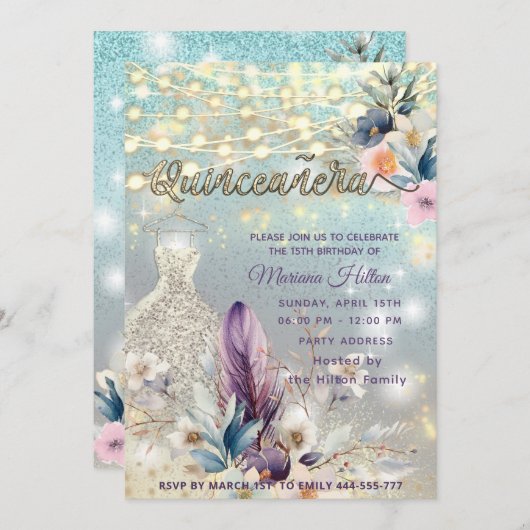 Cooler boho blumenreicher Glitzer Einladung (Vorne/Hinten)