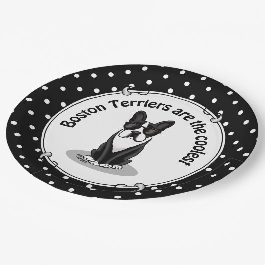 Cooler Boston Terrier Dog (schwarz) mit Sonnenbril Pappteller (Schrägansicht)
