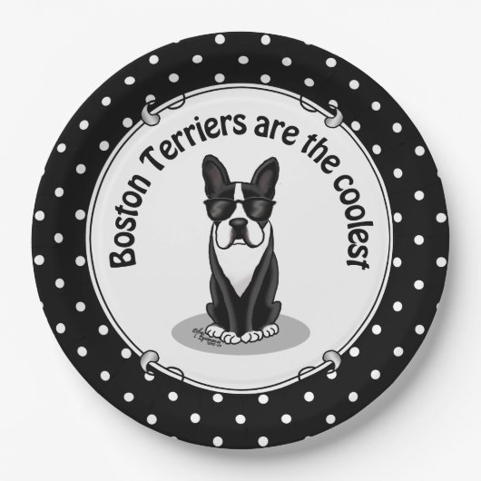 Cooler Boston Terrier Dog (schwarz) mit Sonnenbril Pappteller (Vorderseite)