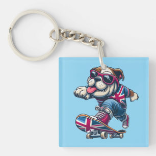 Cooler britischer Bulldog auf Skateboard Schlüsselanhänger