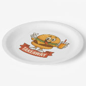 Cooler Burger Buddy mit Saft - Cartoon Charact Pappteller (Schrägansicht)