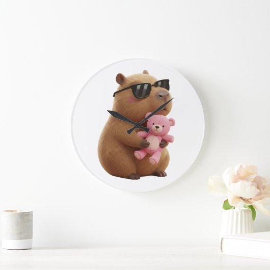 Cooler Capybara mit rosa Teddybär Große Wanduhr (Zuhause)