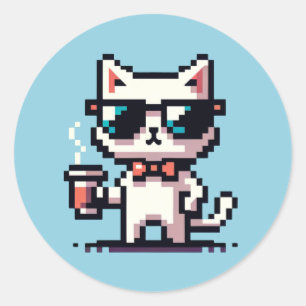 Cooler Cat Coffee Break: 8-Bit Pixel Art Runder Aufkleber